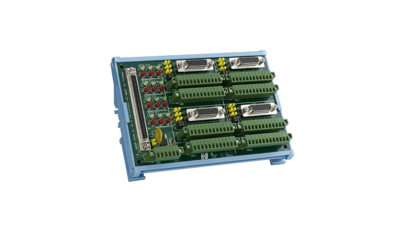 A DIN-rail terminal board is a wiring board with dedicated connectors. ADAM-3900 series wiring boards are designed for industrial applications.