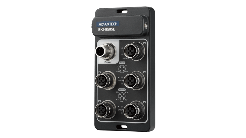 5-port M12 Unmanaged Industrial Ethernet Switch with IP67 housing, -40 to 75°C operation, ideal for AMRs and rugged automation applications.