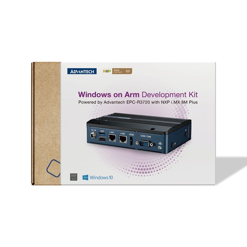 Windows 10 on Arm Development Kit, preloaded with Win. 10 IoT Enterprise; power adapter, power cord and wall-mount kit are included in a box.