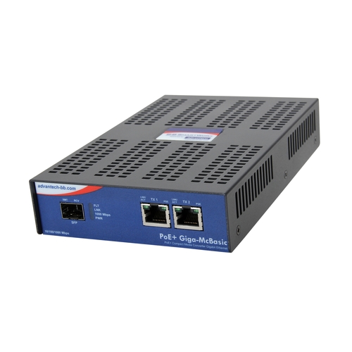 Standalone PoE+ Media Converter, 1000Mbps, Multimode 1300nm, 2km, SC, AC adapter (also known as PoE+ Giga-McBasic 852-11913)